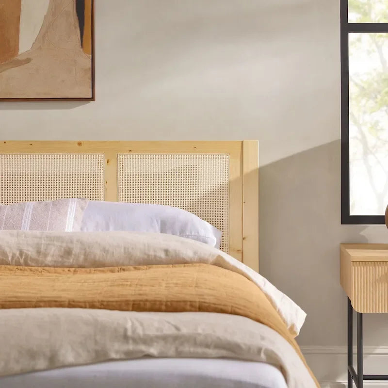 Boho Solid Wood Rattan Headboard King Bedframe