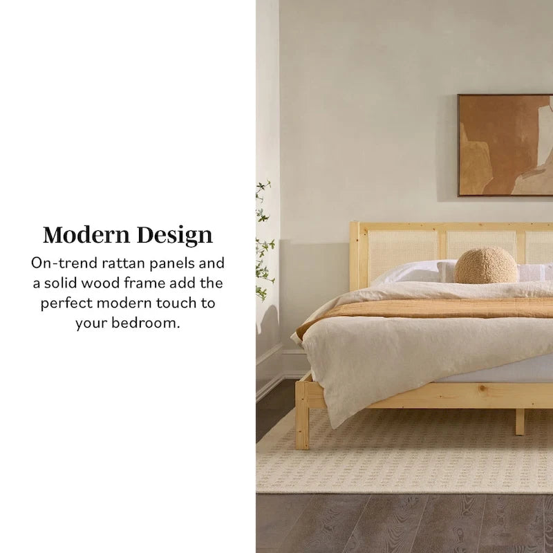 Boho Solid Wood Rattan Headboard King Bedframe