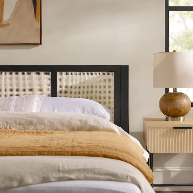 Boho Solid Wood Rattan Headboard King Bedframe