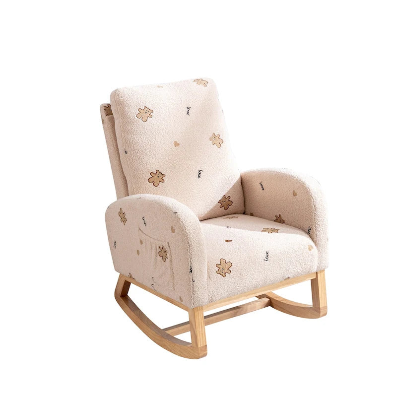 Modern Upholstered Rocker Armchair With Side Pocket, High Back Wooden Nursery Chair