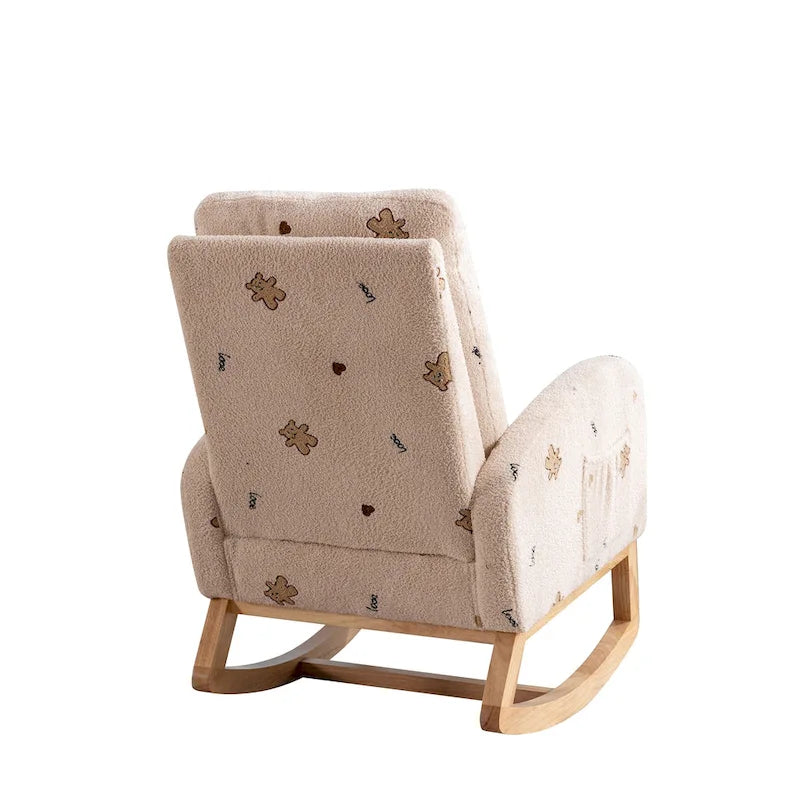 Modern Upholstered Rocker Armchair With Side Pocket, High Back Wooden Nursery Chair