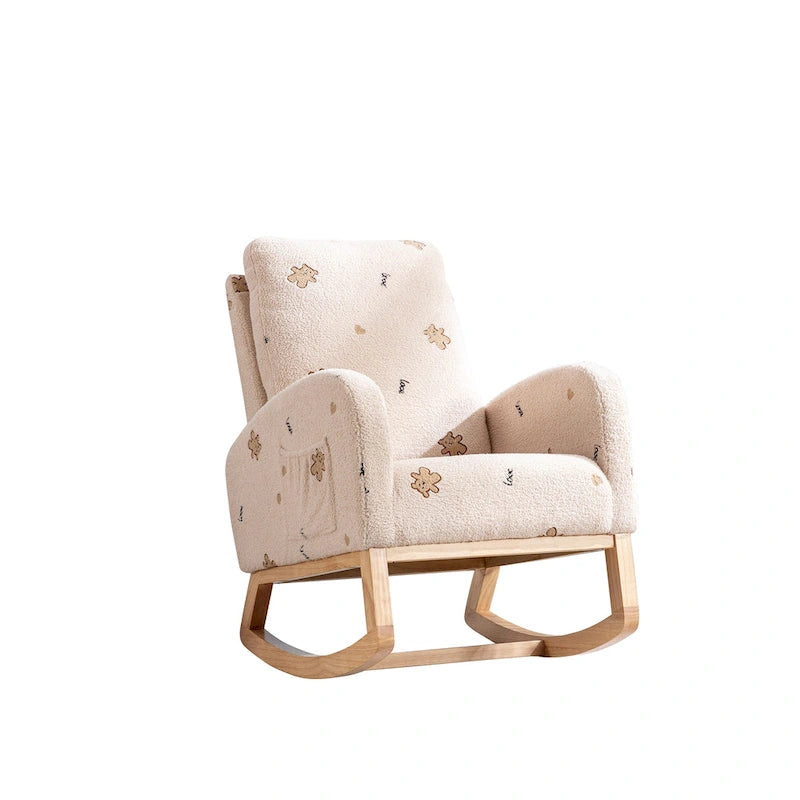 Modern Upholstered Rocker Armchair With Side Pocket, High Back Wooden Nursery Chair