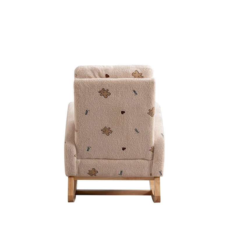 Modern Upholstered Rocker Armchair With Side Pocket, High Back Wooden Nursery Chair