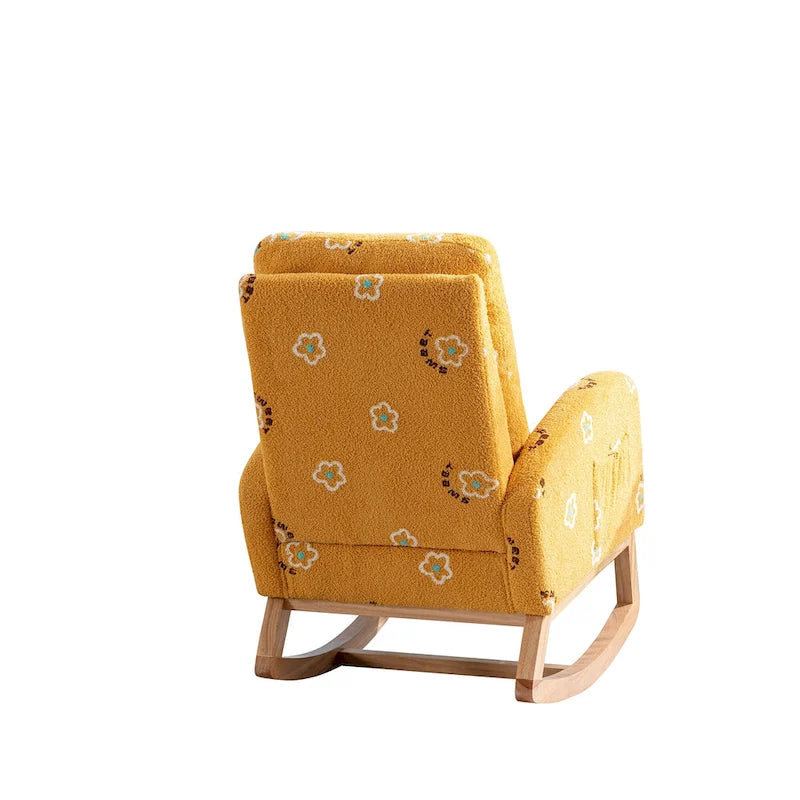 Modern Upholstered Rocker Armchair With Side Pocket, High Back Wooden Nursery Chair
