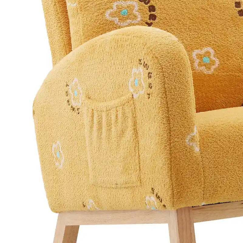 Modern Upholstered Rocker Armchair With Side Pocket, High Back Wooden Nursery Chair