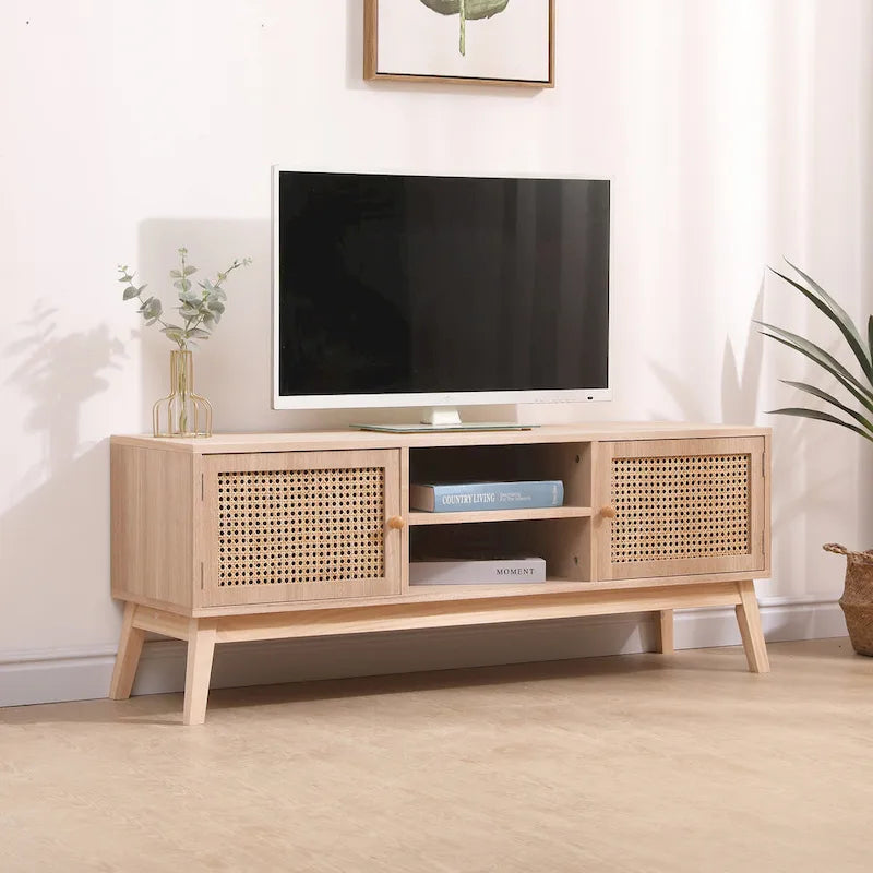 Boho TV Stand for 55 Inch TV, Entertainment Center with Adjustable Shelf