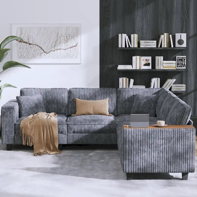 Shaped Corduroy Corner Couch with Armrest Storage