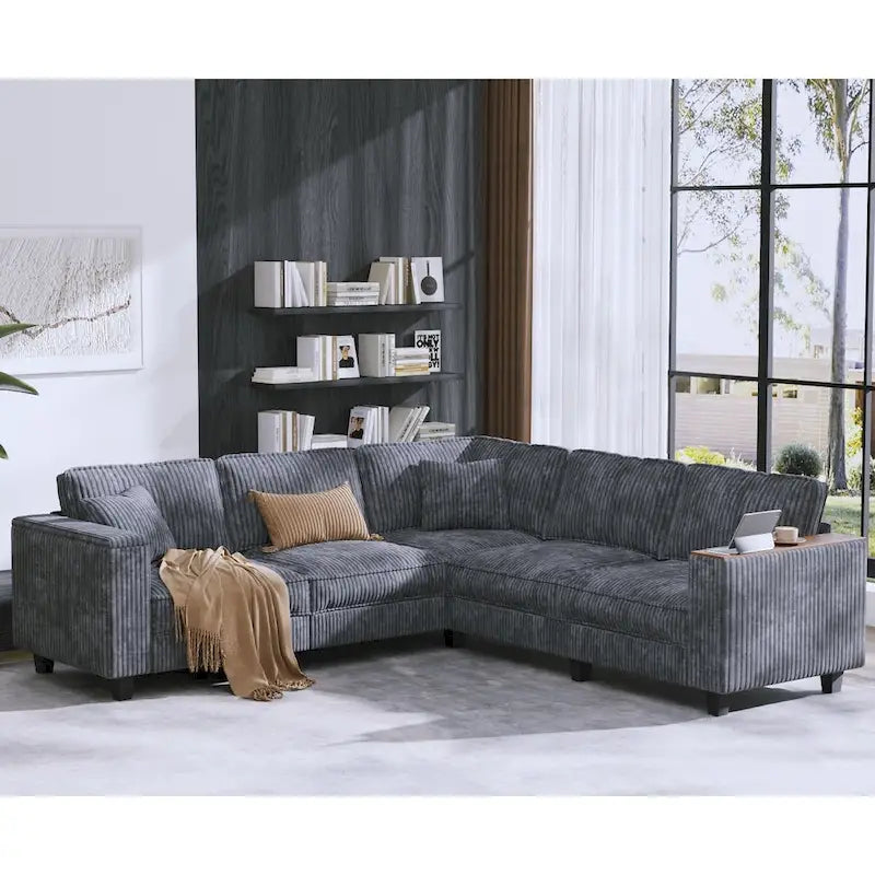 Shaped Corduroy Corner Couch with Armrest Storage