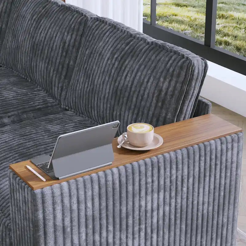 Shaped Corduroy Corner Couch with Armrest Storage
