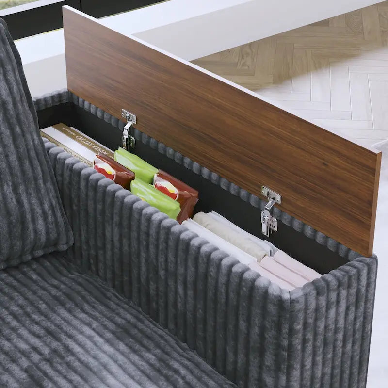 Shaped Corduroy Corner Couch with Armrest Storage