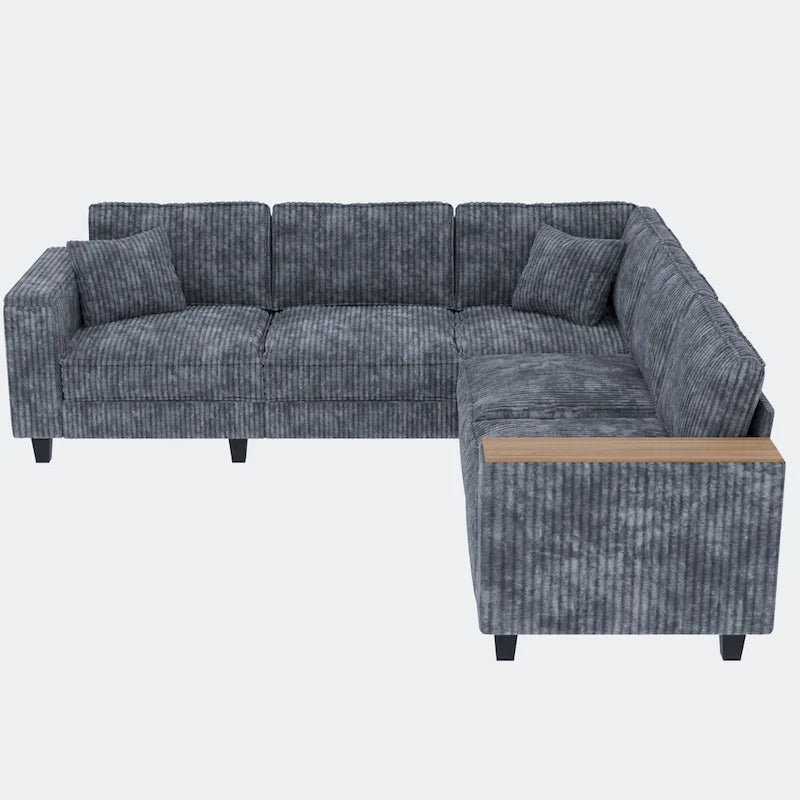 Shaped Corduroy Corner Couch with Armrest Storage