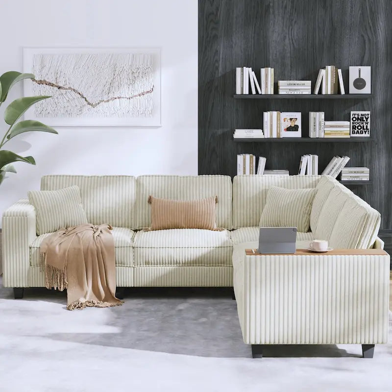 Shaped Corduroy Corner Couch with Armrest Storage