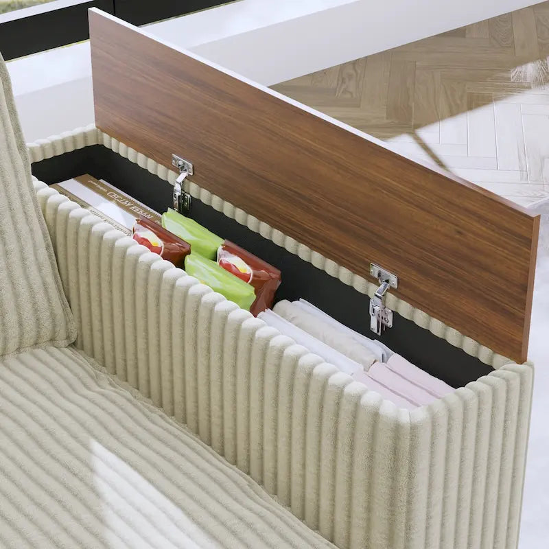 Shaped Corduroy Corner Couch with Armrest Storage