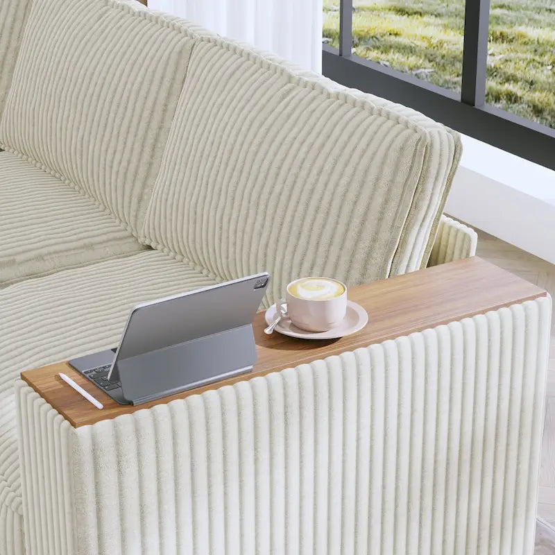 Shaped Corduroy Corner Couch with Armrest Storage