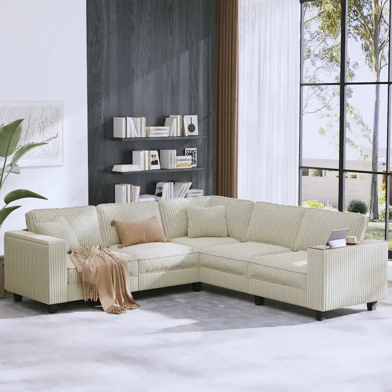 Shaped Corduroy Corner Couch with Armrest Storage