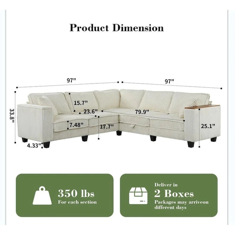 Shaped Corduroy Corner Couch with Armrest Storage