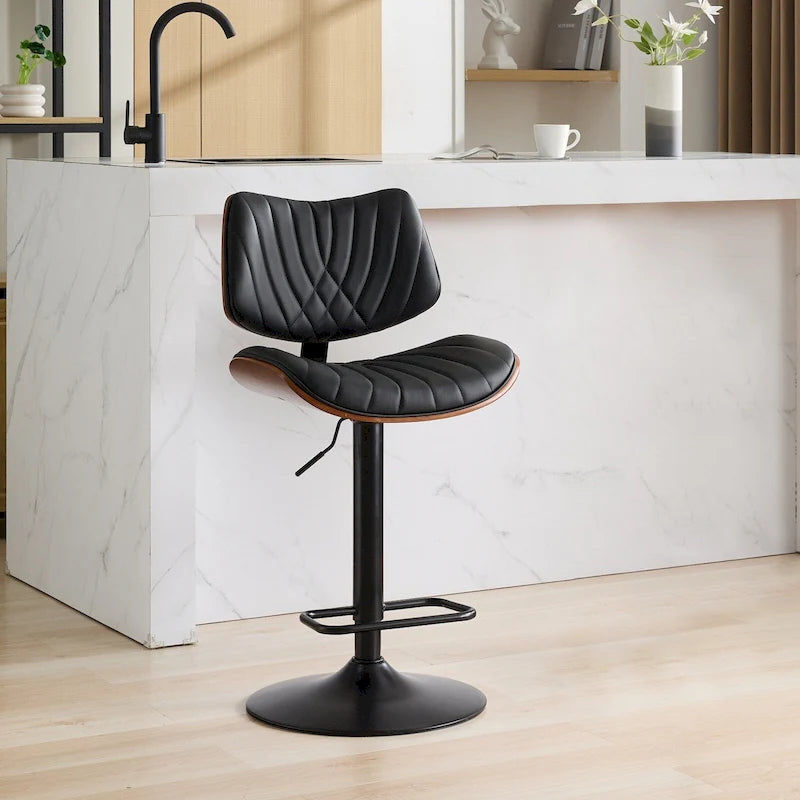 Modern Set of 2 Swivel Bar Stools with Leather Backrest Cushioned Seat Chrome-Plated Base Adjustable Height, for Kitchen Island