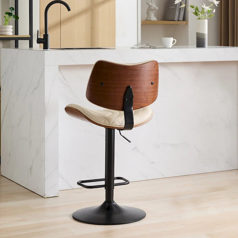 Modern Set of 2 Swivel Bar Stools with Leather Backrest Cushioned Seat Chrome-Plated Base Adjustable Height, for Kitchen Island