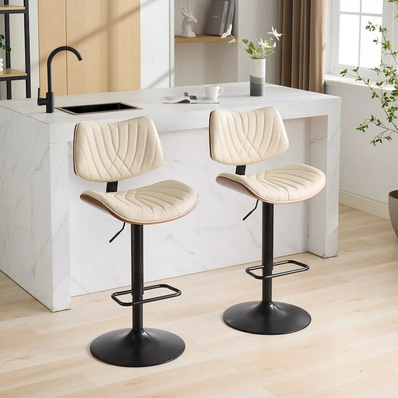 Modern Set of 2 Swivel Bar Stools with Leather Backrest Cushioned Seat Chrome-Plated Base Adjustable Height, for Kitchen Island