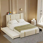 Queen Velvet Platform Bed with 2 Drawers, USB Port & Night Light