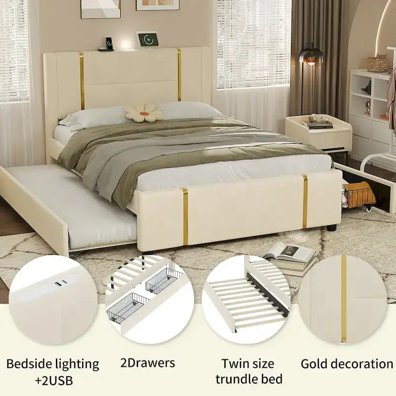 Queen Velvet Platform Bed with 2 Drawers, USB Port & Night Light