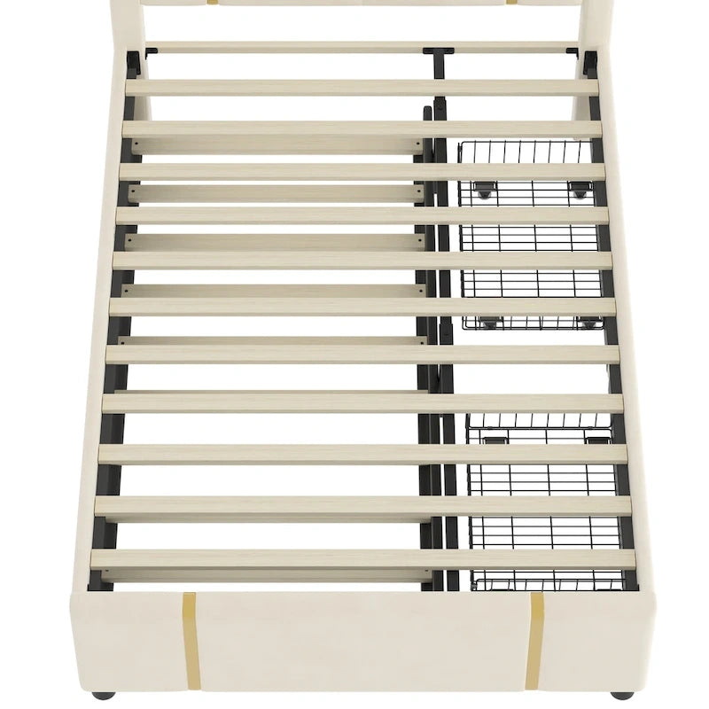 Queen Velvet Platform Bed with 2 Drawers, USB Port & Night Light