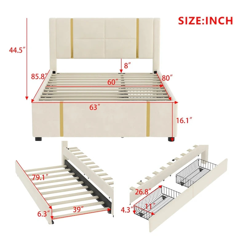 Queen Velvet Platform Bed with 2 Drawers, USB Port & Night Light
