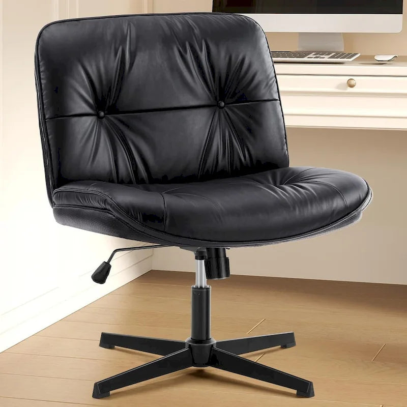Criss Cross Legged Chair No Wheels Armless Wide Seat Adjustable Height Swivel Thick Padded PU Leather Comfortable Home Office