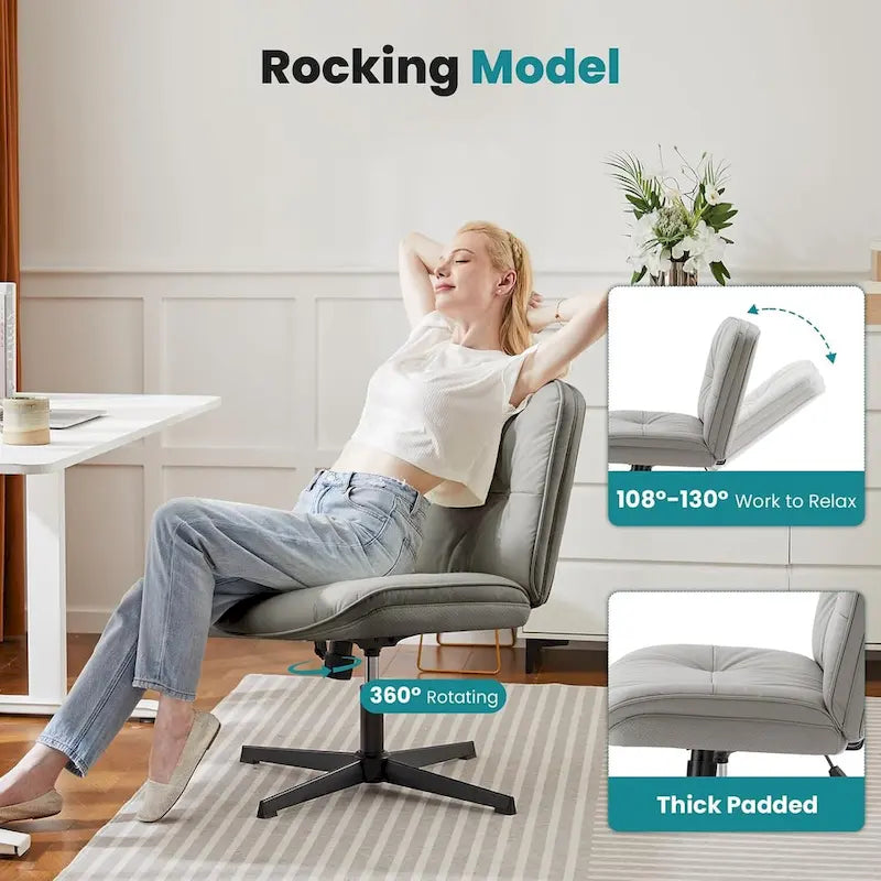 Criss Cross Legged Chair No Wheels Armless Wide Seat Adjustable Height Swivel Thick Padded PU Leather Comfortable Home Office