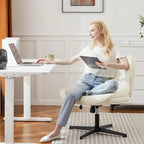 Criss Cross Legged Chair No Wheels Armless Wide Seat Adjustable Height Swivel Thick Padded PU Leather Comfortable Home Office