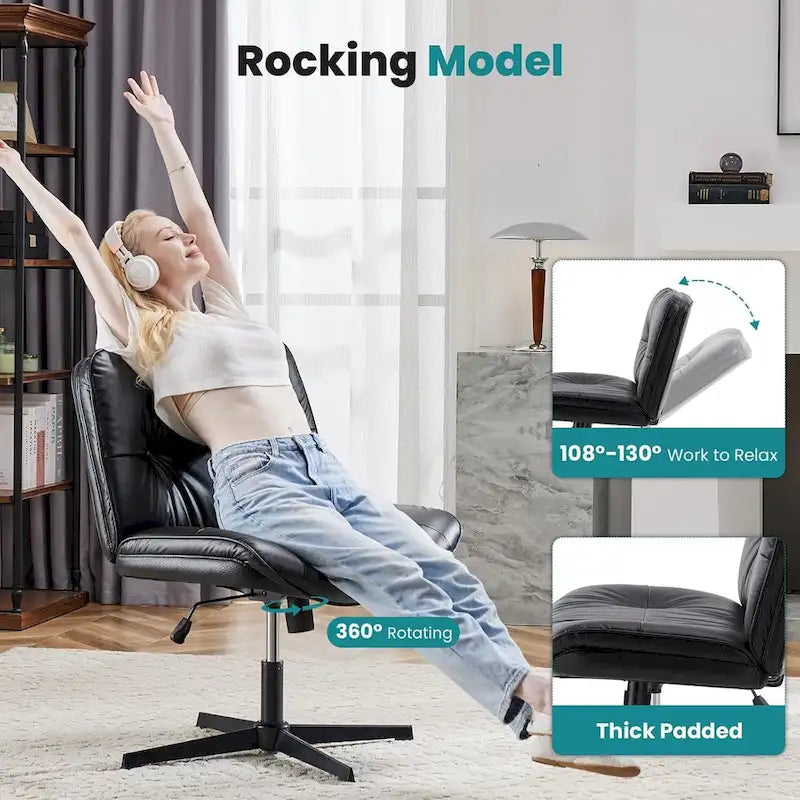 Criss Cross Legged Chair No Wheels Armless Wide Seat Adjustable Height Swivel Thick Padded PU Leather Comfortable Home Office
