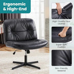 Criss Cross Legged Chair No Wheels Armless Wide Seat Adjustable Height Swivel Thick Padded PU Leather Comfortable Home Office
