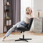 Criss Cross Legged Chair No Wheels Armless Wide Seat Adjustable Height Swivel Thick Padded PU Leather Comfortable Home Office