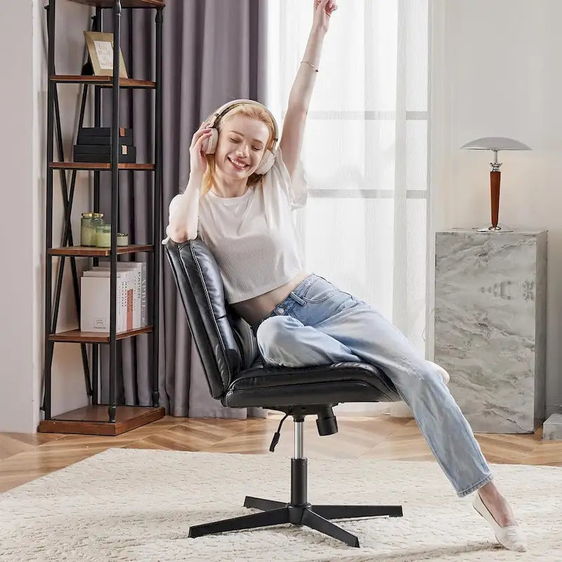 Criss Cross Legged Chair No Wheels Armless Wide Seat Adjustable Height Swivel Thick Padded PU Leather Comfortable Home Office