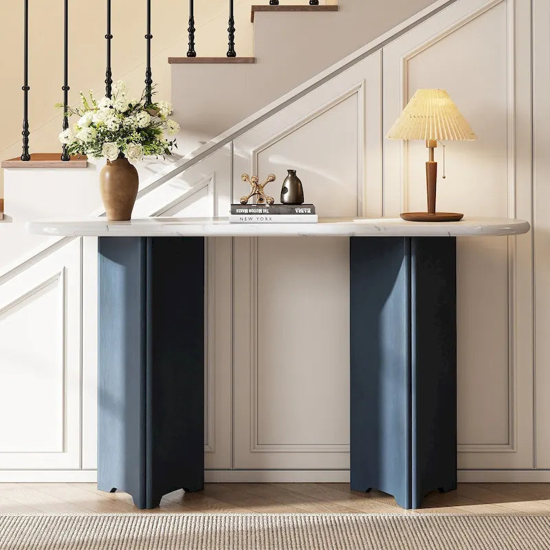 Entryway Console Table, Table with Oval Faux Marble Top for Entrance