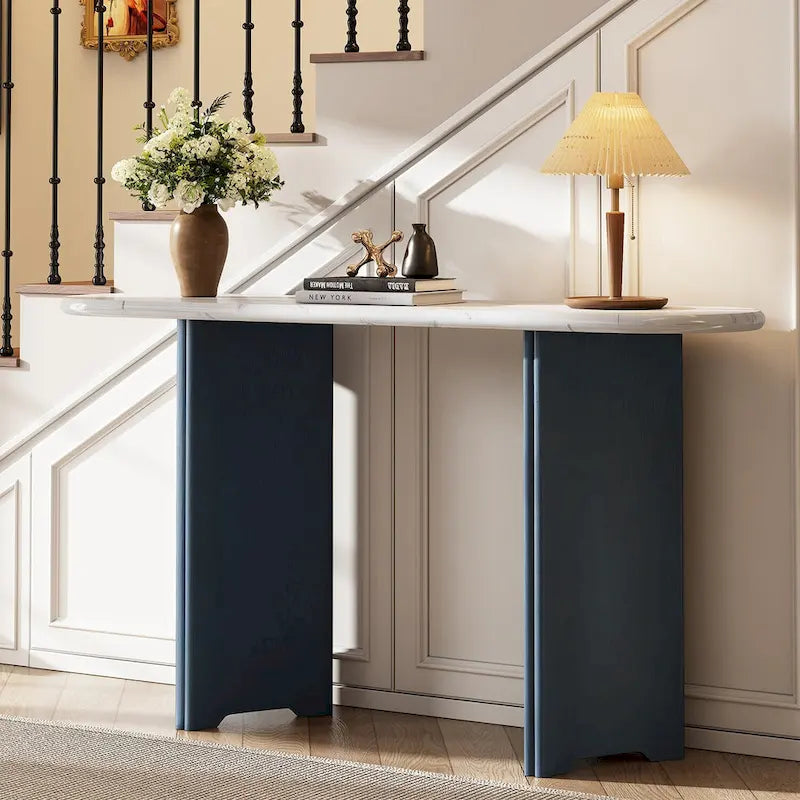 Entryway Console Table, Table with Oval Faux Marble Top for Entrance