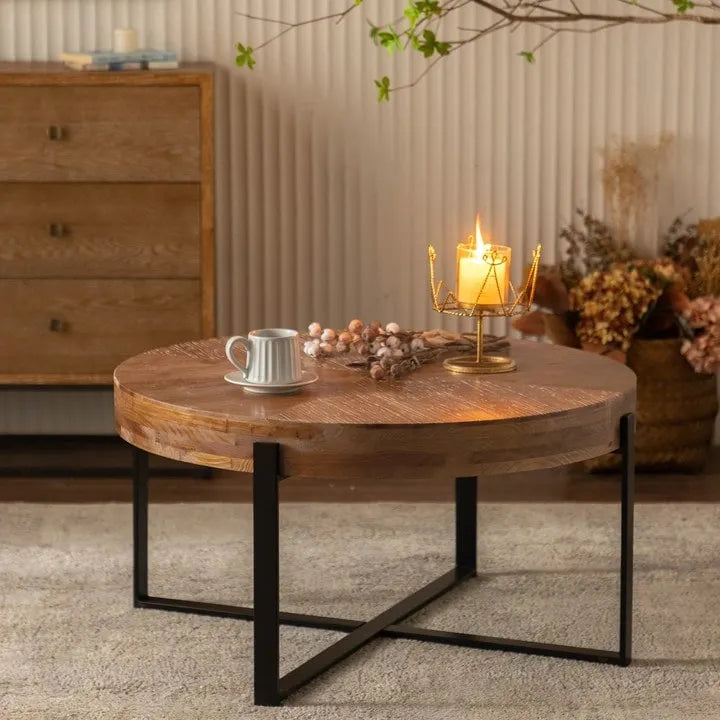 Modern Retro Stitching Round Coffee Table With Fir Wood Tabletop Black Cross Leg Base, for Living Room