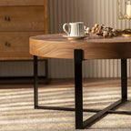 Modern Retro Stitching Round Coffee Table With Fir Wood Tabletop Black Cross Leg Base, for Living Room