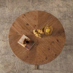 Modern Retro Stitching Round Coffee Table With Fir Wood Tabletop Black Cross Leg Base, for Living Room
