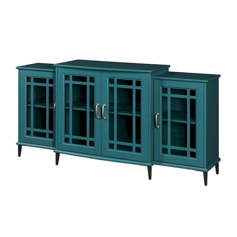 Teal Blue 62 TV Stand with Glass Doors & Shelves for Living Room