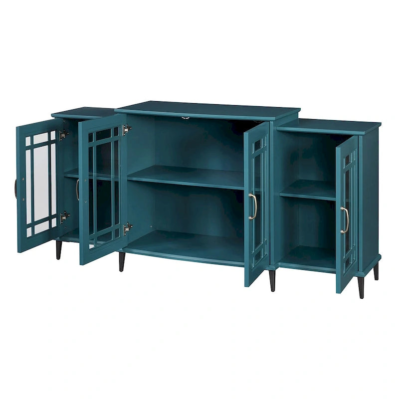 Teal Blue 62 TV Stand with Glass Doors & Shelves for Living Room