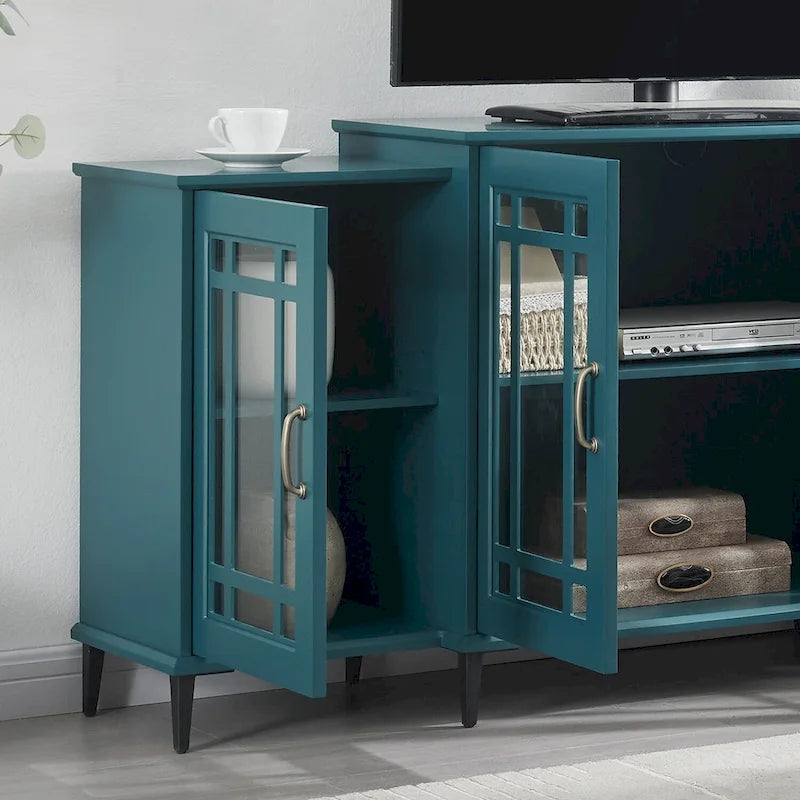 Teal Blue 62 TV Stand with Glass Doors & Shelves for Living Room