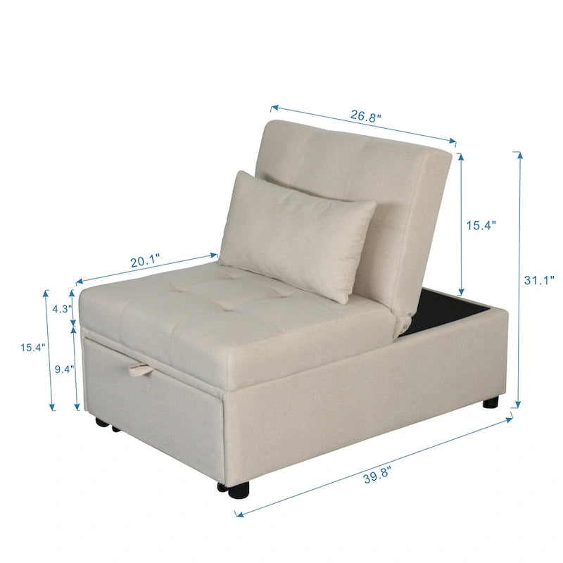 Beige Single Folding Ottoman Sofa Bed with Adjustable Back