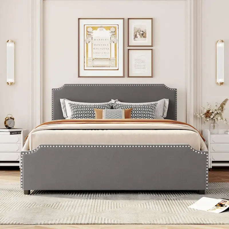 Upholstered Platform Bed with Stud Trim Headboard and Footboard and 4 Drawers No Box Spring Needed, Velvet Fabric