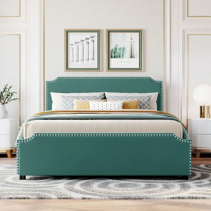 Upholstered Platform Bed with Stud Trim Headboard and Footboard and 4 Drawers No Box Spring Needed, Velvet Fabric