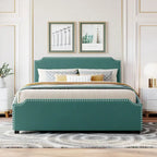 Upholstered Platform Bed with Stud Trim Headboard and Footboard and 4 Drawers No Box Spring Needed, Velvet Fabric