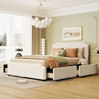 Upholstered Platform Bed with Stud Trim Headboard and Footboard and 4 Drawers No Box Spring Needed, Velvet Fabric