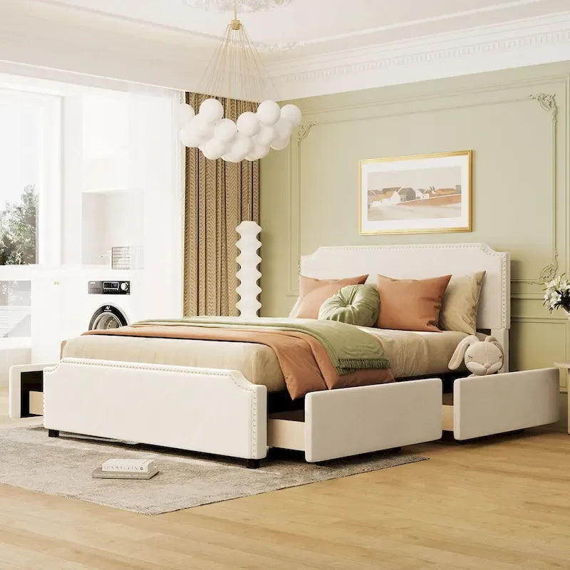 Upholstered Platform Bed with Stud Trim Headboard and Footboard and 4 Drawers No Box Spring Needed, Velvet Fabric