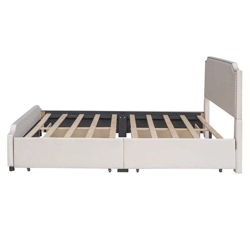 Upholstered Platform Bed with Stud Trim Headboard and Footboard and 4 Drawers No Box Spring Needed, Velvet Fabric