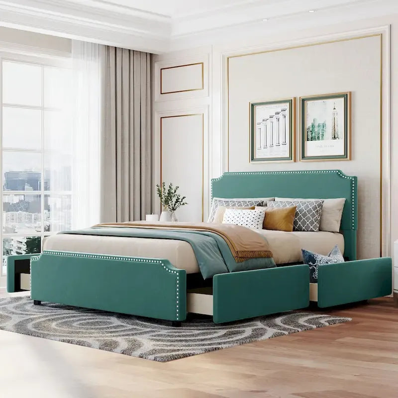 Upholstered Platform Bed with Stud Trim Headboard and Footboard and 4 Drawers No Box Spring Needed, Velvet Fabric